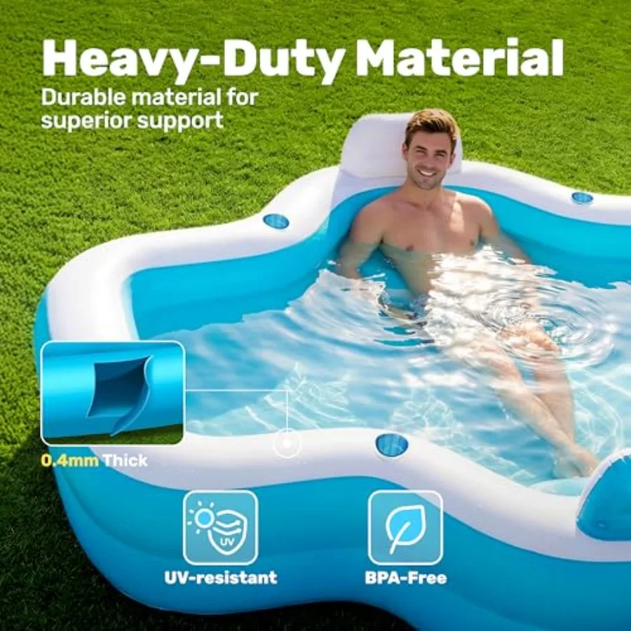 Inflatable Pool for Backyard Summer Use Blue PVC Material Durable Thickened Design with Built-in Seats Backrests and Cup Holder