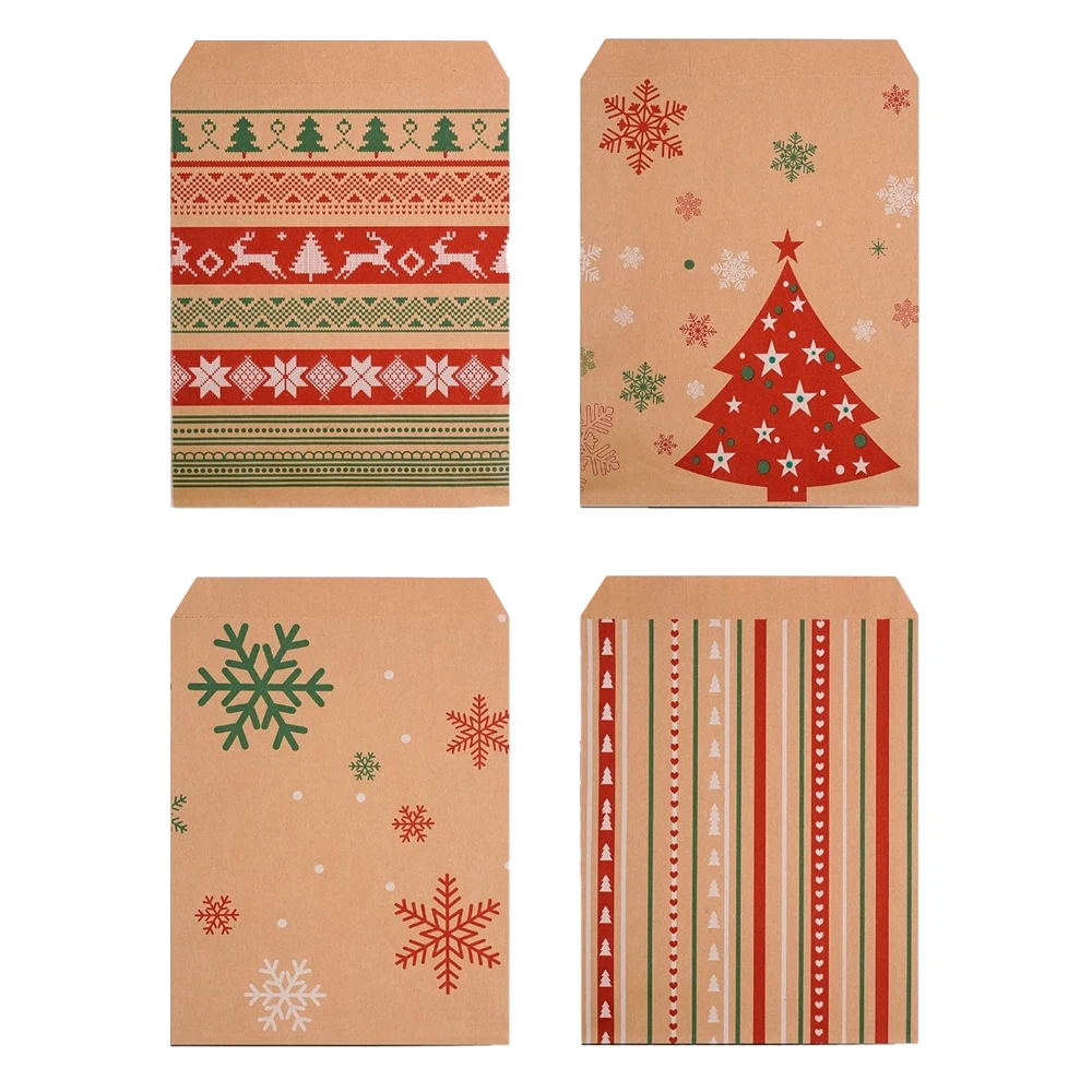 24 pcs Christmas Kraft Treat Bags Christmas Goody Kraft Holiday Paper Gift Bags Buffet Paper Party Favor, 4 Styles