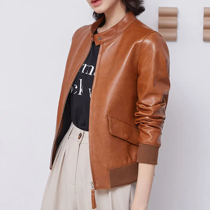 Real Sheepskin Leather Coat Women\'s Genuine Leather Casual Short Motorcycle Baseball Bomber Jacket Women Vintage Top Big Size