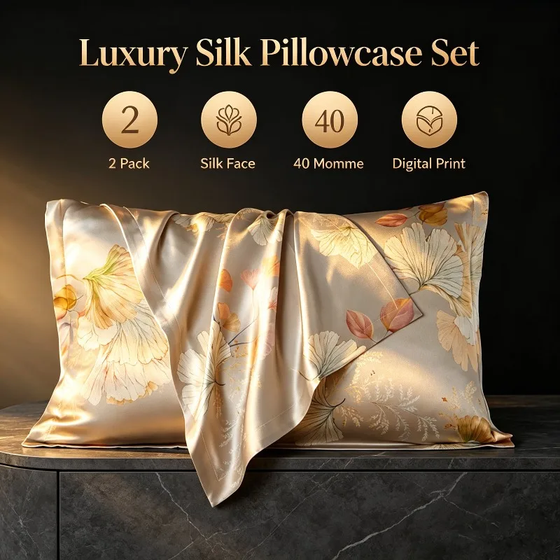 40 Momme Mulberry Silk Pillowcase 2 Pack Silk Face 100% Silk Front Polyester Back Print Pillow Cover Bedding Pillow Cases Cover