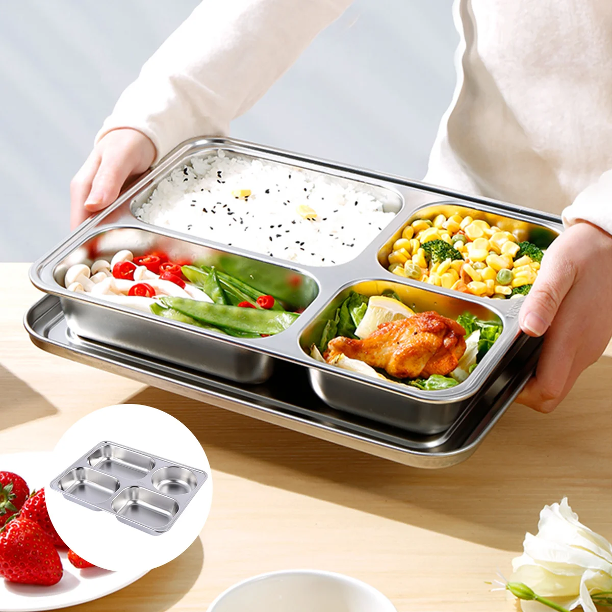 

Stainless Steel Fast Food Tray Thickened Grid Plate Safe Healthy Smooth No Edges Dishwasher Disinfection Cabinet Compatible Home