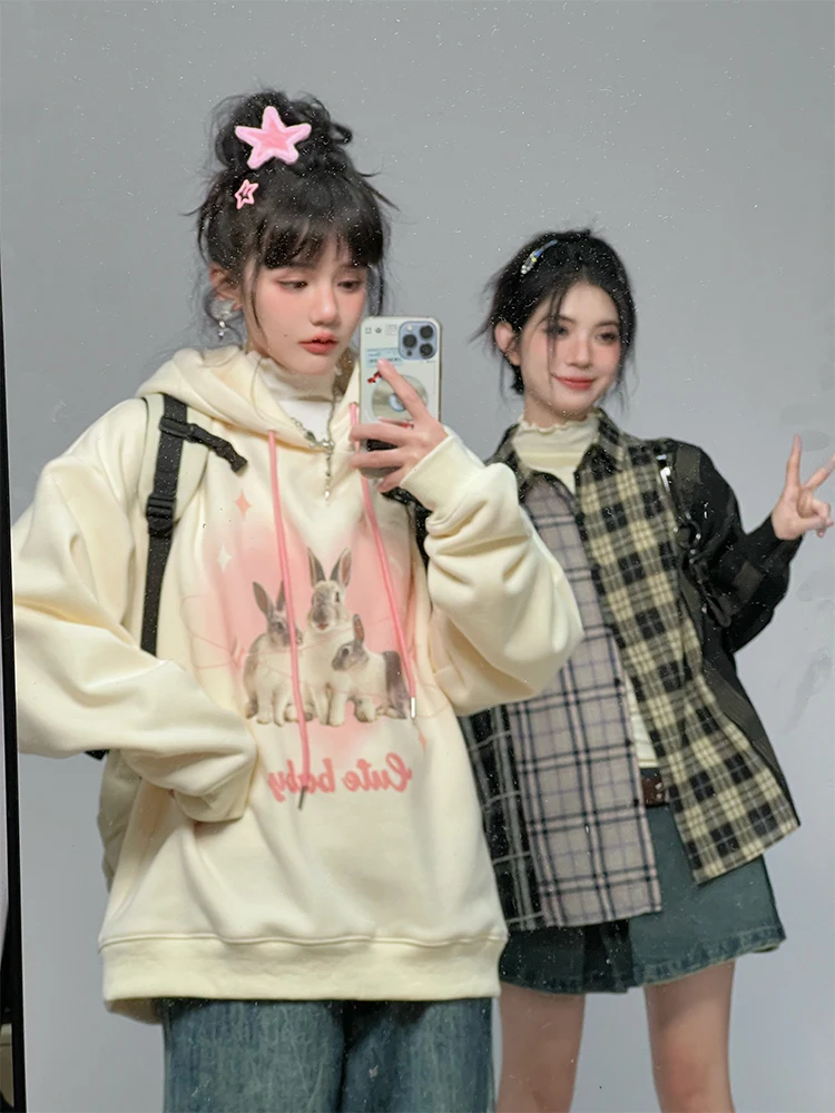 Kawaii Sweet Print Hoodie Women College Style Vintage Casual Korean Hoodies Female Long Sleeve Loose Chic Warm Coat Autumn 2022