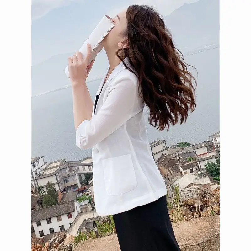 بدلة نسائية من الكتان خفيفة الوزن لربيع وصيف جديد Sle مقاس صغير في منتصف العمر سبعة أرباع Sve قطن كتان - غربي...