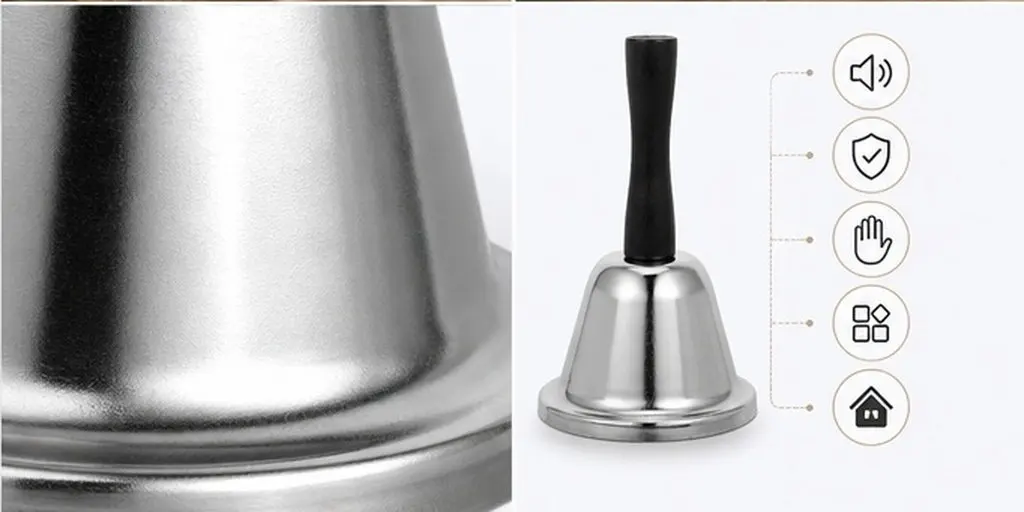 Stainless Steel Hand Bell Wood Handle Loud Clear Sound for Classroom Hotel Restaurant Service Call Dinner Bell