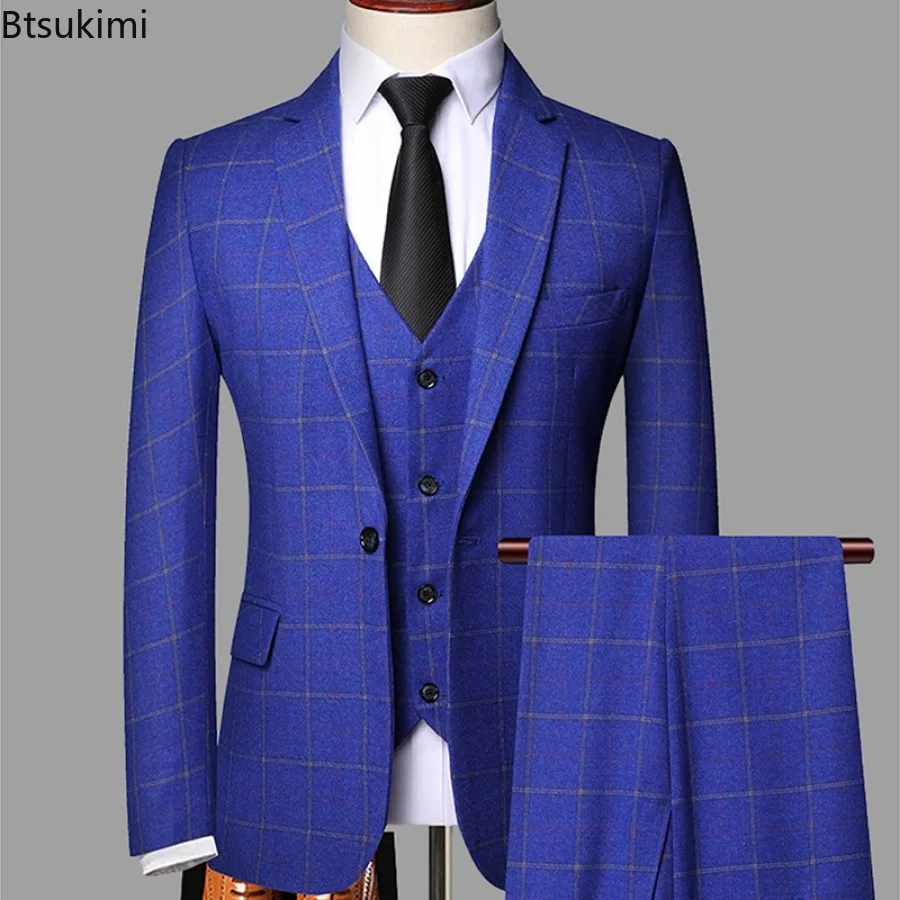 2024 New Men\'s Three-pieces Fashion Plaid Slim Business Party Formal Elegant Blazer Sets (Jacket+Pants+Vest) Prom Wedding Groom