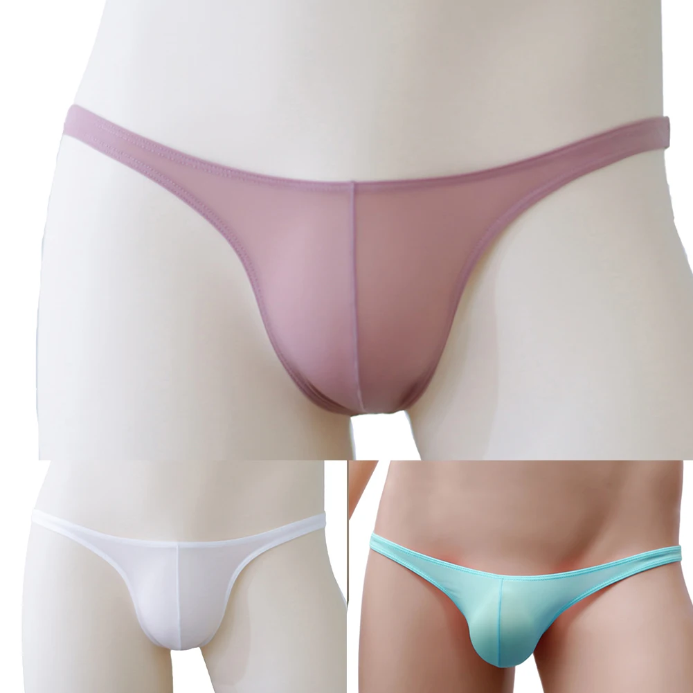 

1 шт., сексуальное мужское нижнее белье, трусы из прозрачного ледяного шелка, трусы с низкой посадкой, эластичные стринги с Т-образной спинкой, мужские стринги