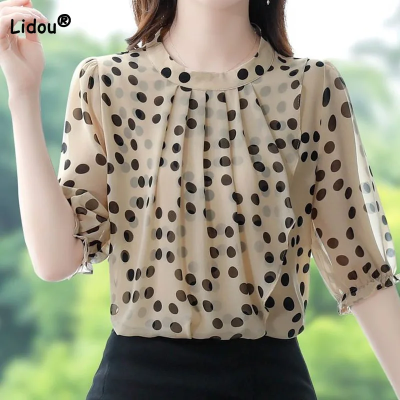 Women\'s Clothing Fashion Commute Round Neck Polka Dot Chiffon Shirt Summer New Casual Korean Spliced Half Sleeve Blouse Female