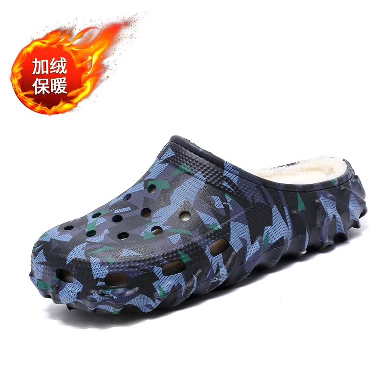 Winter Fur-Lined Clogs Slip-On Indoor Outdoor Garden Shoes Warm Home Cotton Shoes Backless Rubber Slippers Sandals Camouflage