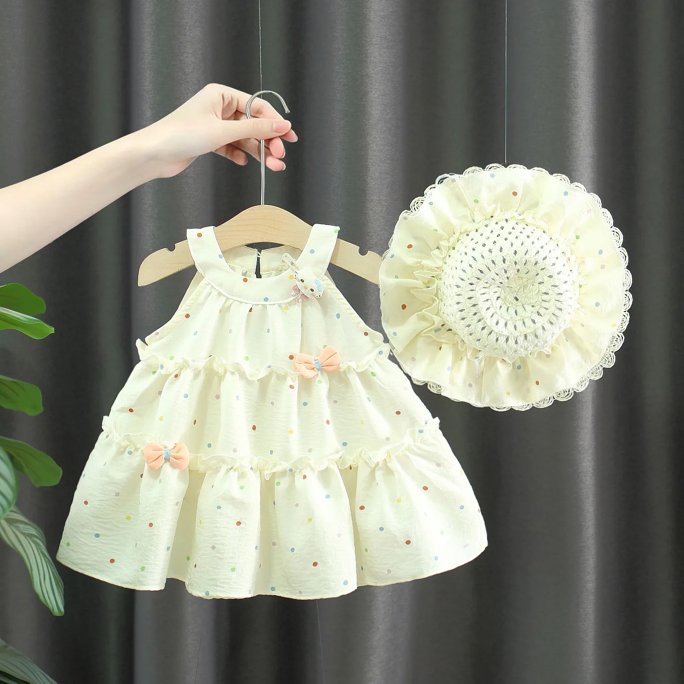 Summer New Baby Girl Polka Dot Dress Pink Bow Children'S Clothing+Hat (6 Months -3 Years Old)