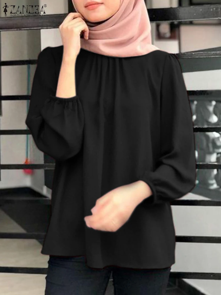 

Fashion Autumn Blouses Muslim Hijab Tops For Women Casual O Neck Long Sleeve Solid Blouse 2023 ZANZEA Dubai Turkey Abaya IsIamic