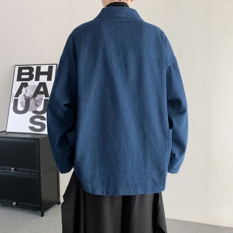 Chinese Ethnic Kung Fu Coat Men Women Shirt Loose Denim Cardigan Unisex Tai Chi Kung Fu Denim Shirt Japanese Harajuku Jacket