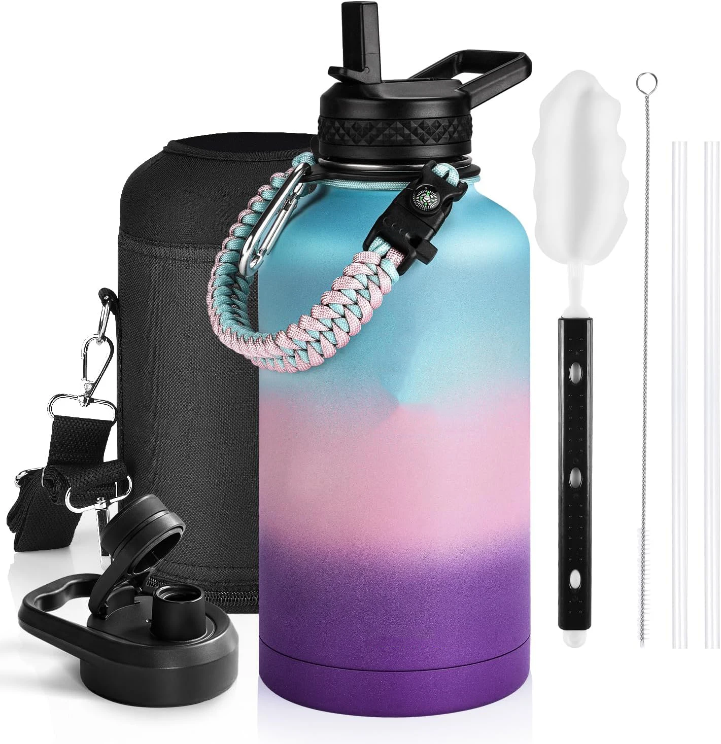 Insulated Water Bottle with Handle 64oz Stainless Steel Sports Water Cup Large Wide Mouth Drink Bottle Straw Bottle Flasks