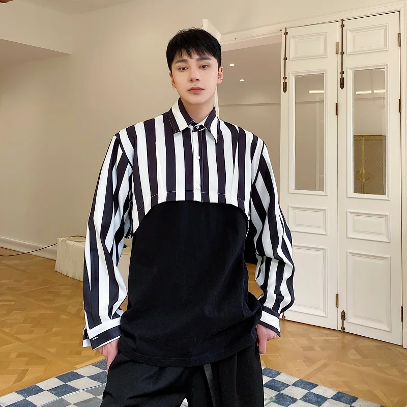 

Niche Style Male Short Style Shirts Stripe Loose Casual Tops Lapel Long Sleeve Men's Clothing 2024 Summer Korean Style Tide