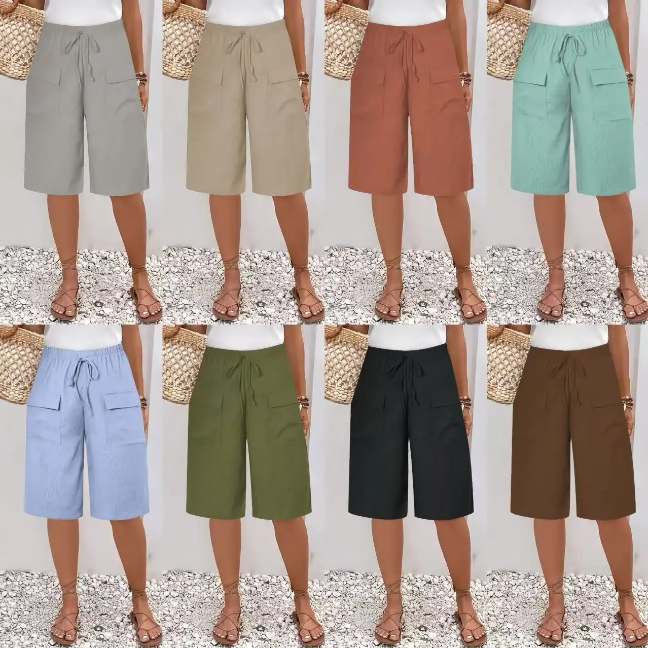 Women's Casual Shorts Breathable Elastic Waist Drawstring Ladies Summer Loose Knee Length Short Pants Trousers with Pockets
