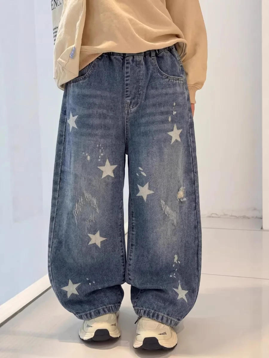 Boys Patchwork Curved Blue Jeans Y2K Star Graffiti Harajuku 90s Vintage Denim Trousers Aesthetic 2000s Style Blue 4-14 Years