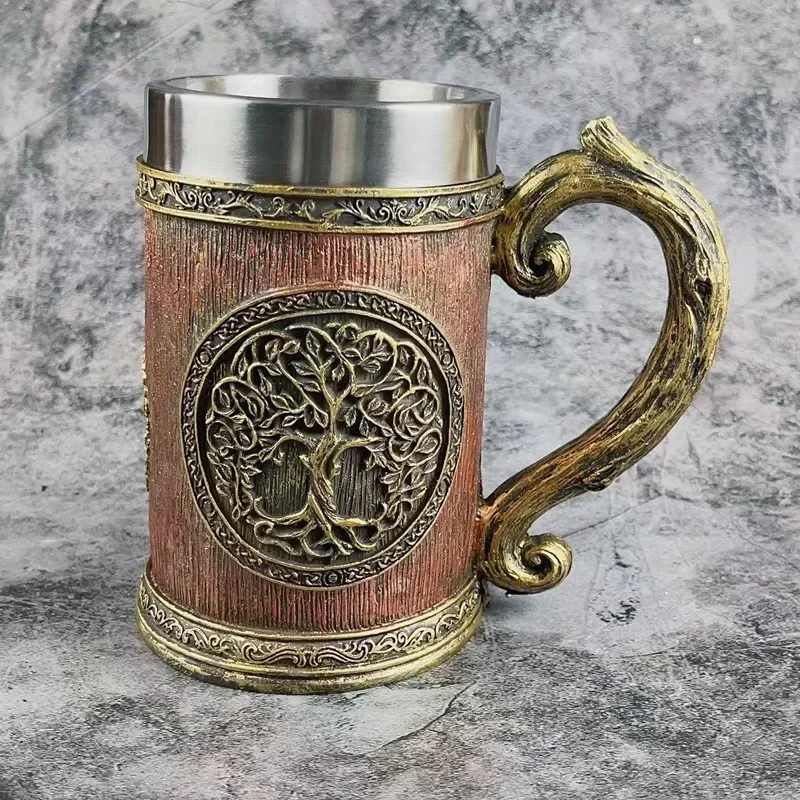 Retro Tree of Life Beer Mug Resin Stainless Steel Coffee Mug Medieval Viking Double Wall Beer Jug Water Cup Large Capacity Mug