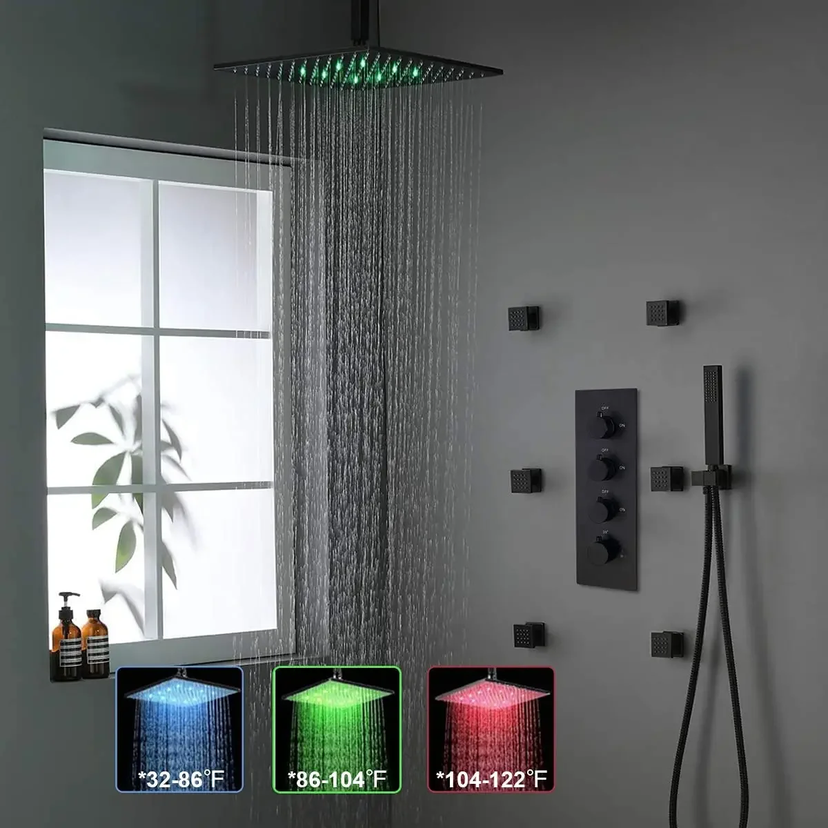 Luxury Black Shower Jets Body Sprays System In Wall 16Inch LED Rainfall Shower Full Body Rain Shower System, Large Flow, Can Use