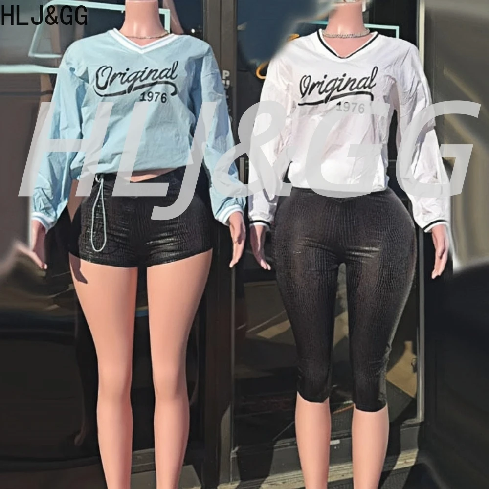 

HLJ&GG Fashion Y2K Letter Printing Two Piece Sets Women V Neck Long Sleeve Top And Shorts Outfits American Retro 2pcs Streetwear