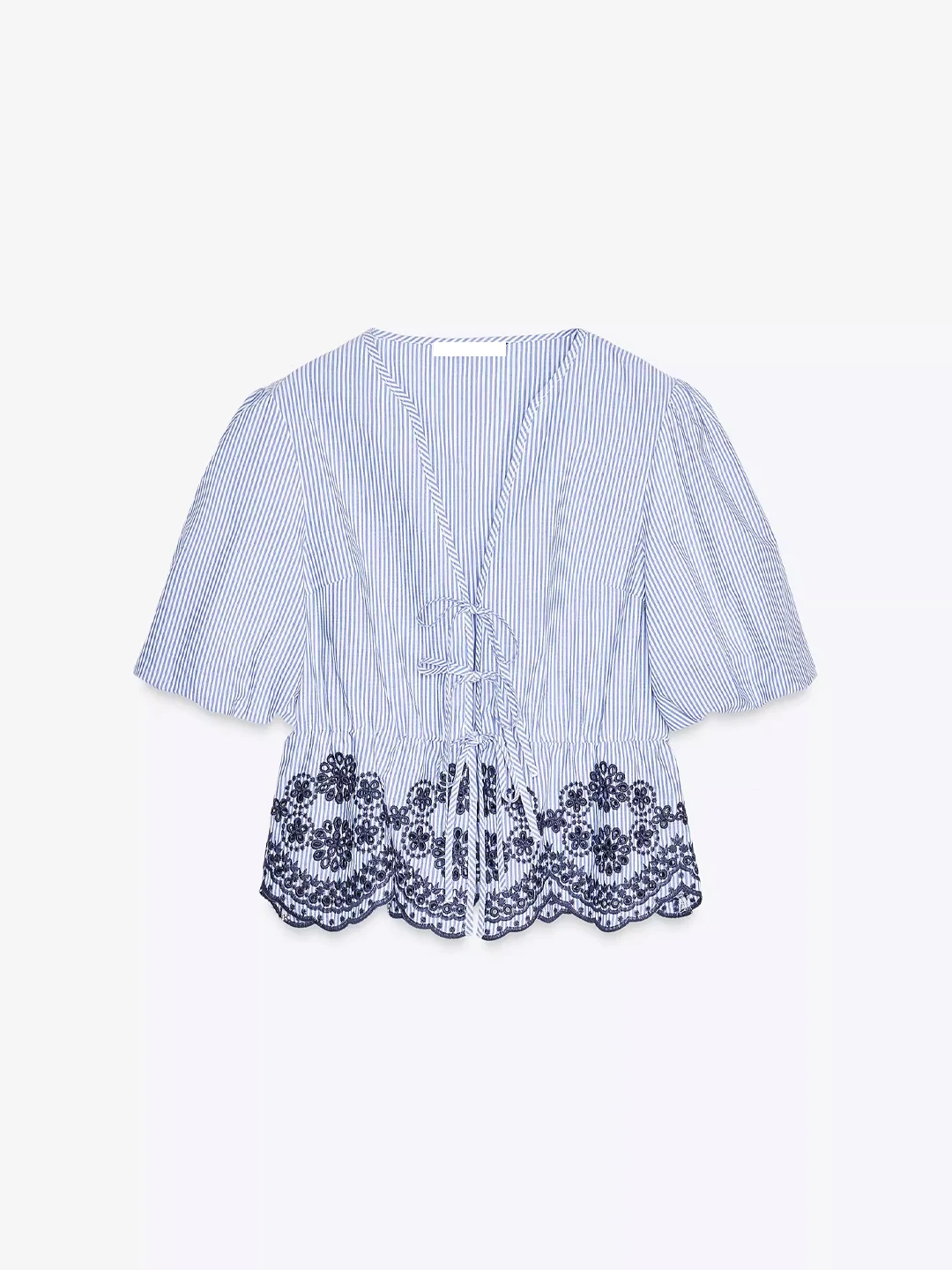 

Blue Striped Cotton Hollow Embroidery V-ne ort Top Versatile French Sle Slim Fit irt Knot Regular Sve