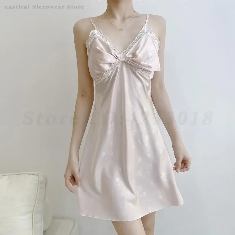 

Sexy Suspender Jacquard Nightdress Female Lingerie Big Bow Nightgown Summer Sleepwear Nightie Home Dress Ice Silk Loungewear