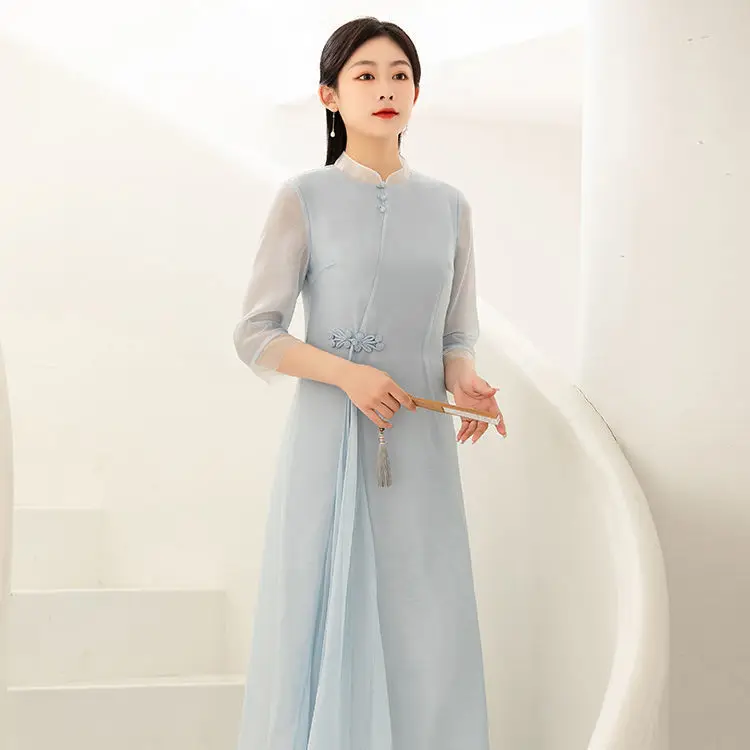 

Vintage Vietnam Traditional Ao Dai Dress Flower Print Chiffon Cheongsam Oriental Aodai Wedding Evening Dress Oriental Qipao