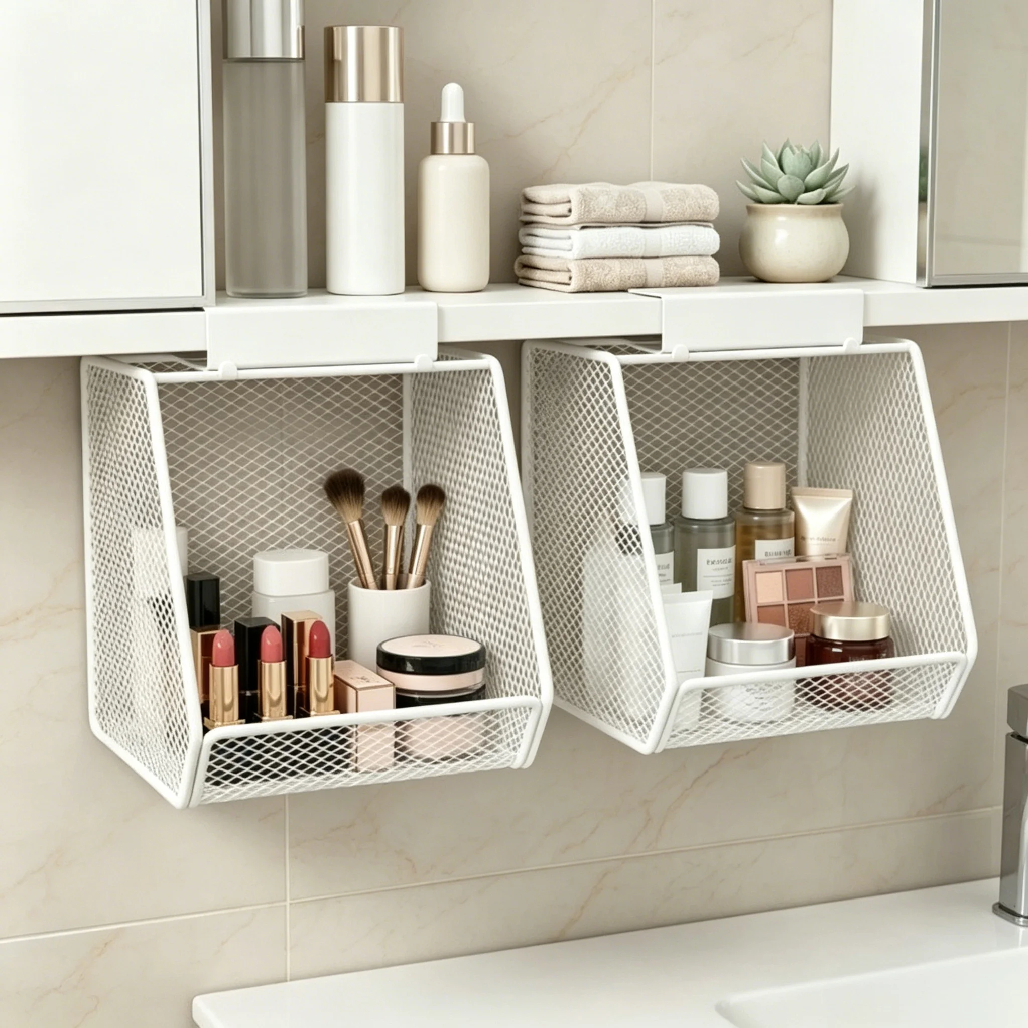 Under Sink Storage Basket Metal Mesh Hanging Basket Drill Free Rust Proof Drainage Bathroom Skincare Organizer Space Saving Rack