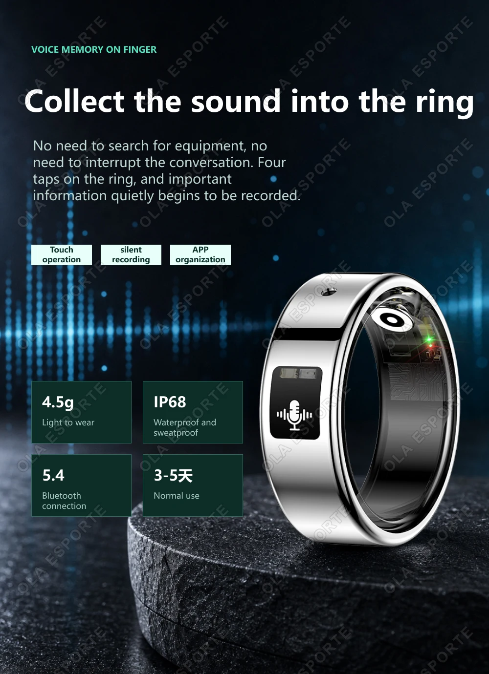 AI Recording Translation Smart Ring Heart Rate Blood Oxygen Sleep Monitor Touch Voice Recorder Sports Waterproof Smartring R12