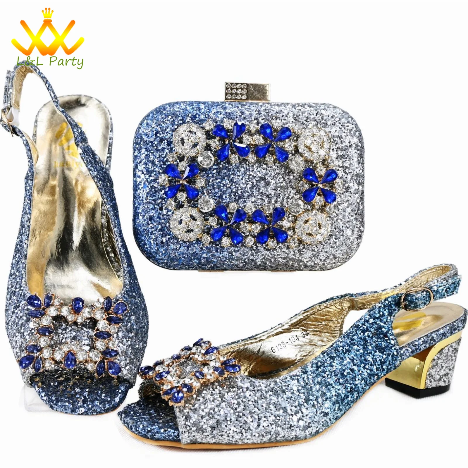 Blue Color New Design Italian Shoes and Bag Set for Wedding Low Heels Shinning Crystal Peep Toe Platform