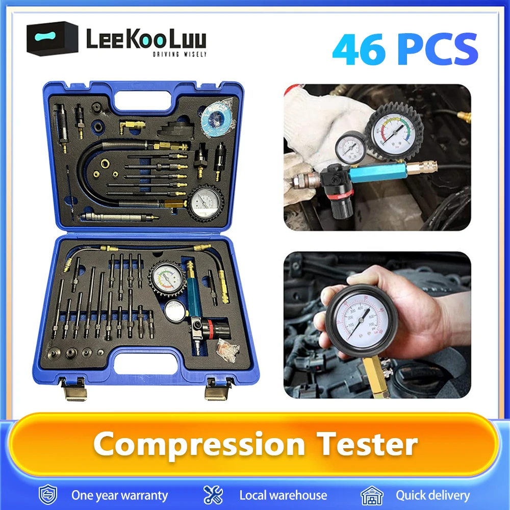 Kit d'outils de test de Compression, 46 pièces, perte de pression de Compression, testeur de moteur Diesel et à essence, ensemble de manomètres de pression d'air pour voiture