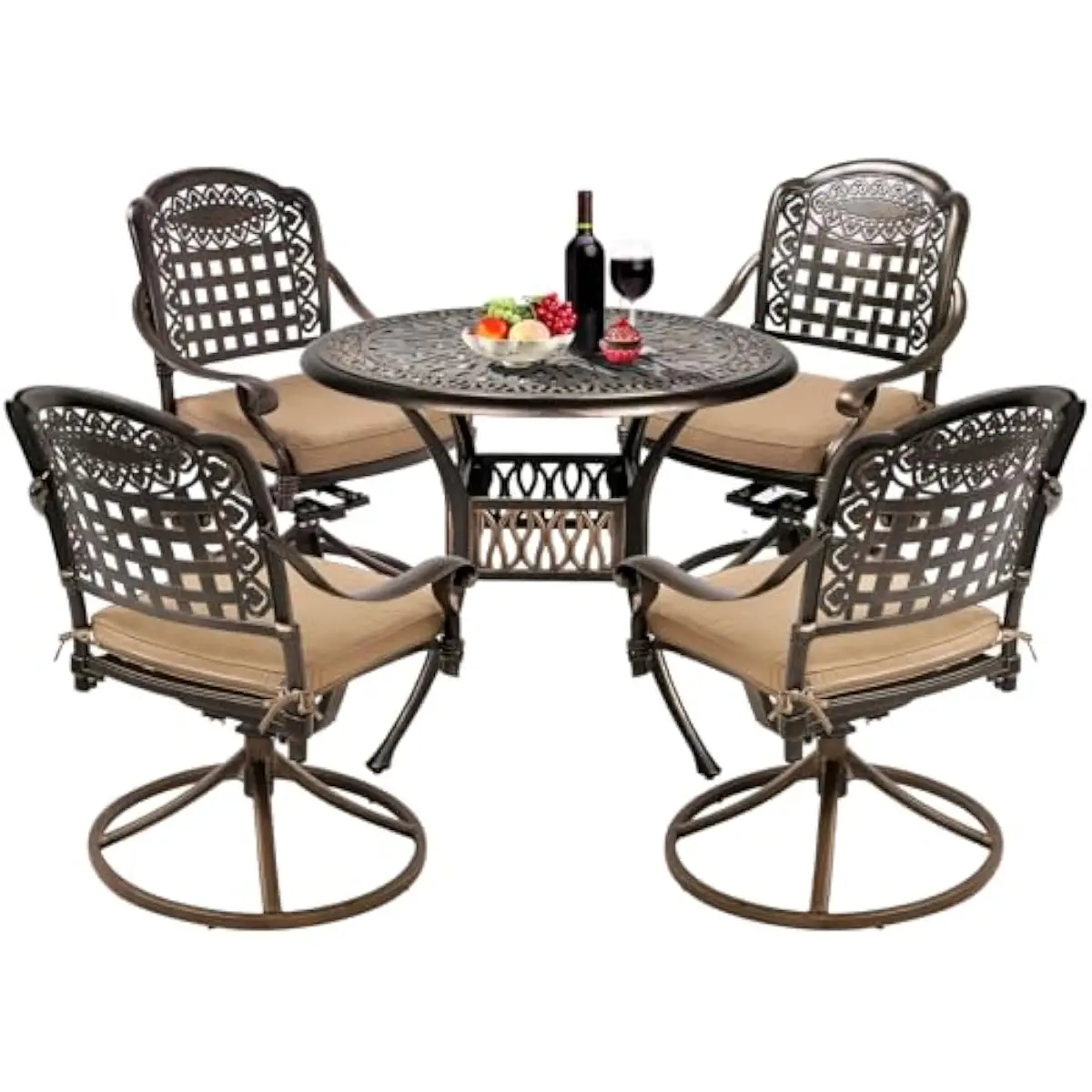 5-Piece Round Outdoor Dining Ensemble Featuring Swivel Rocking Chairs with Quick-Dry Cushions, Hollow Plaid Design, Umbrella Hol