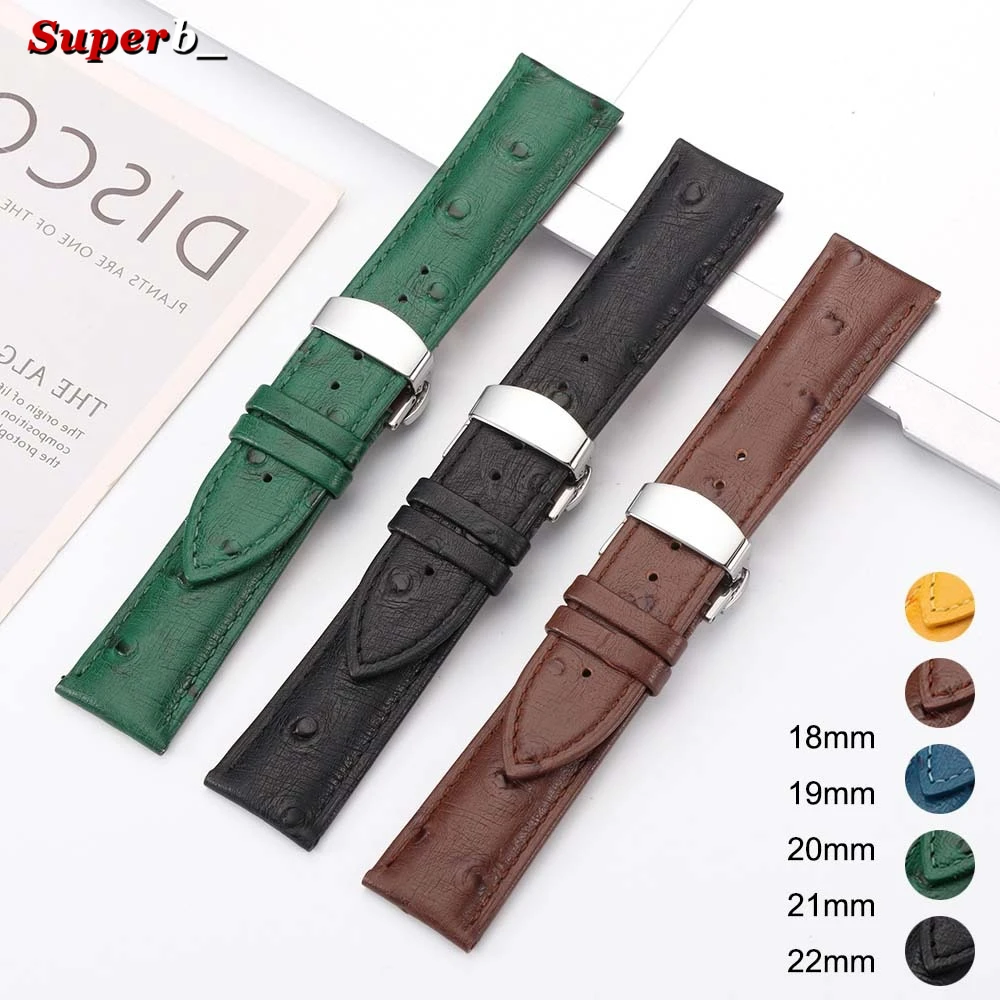 20mm 22mm Soft Leather Watch Strap 18mm 19mm 21mm Ostrich Pattern Watchband Butterfly Buckle Men Women Bracelet for Samsung Band