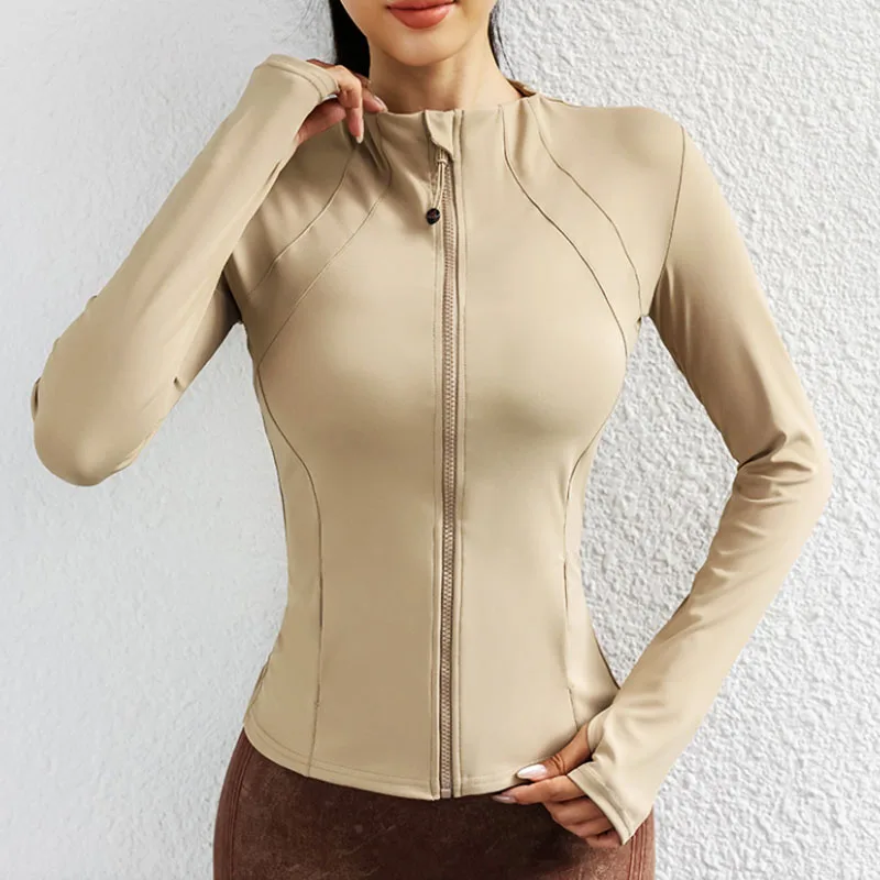 

PofyBofy Winter Fall Full Zip Up Yoga Jacket Slim Fit Yoga Long Sleeve Gym Jackets Women Pilates with Pockets Sports Shirt Zip