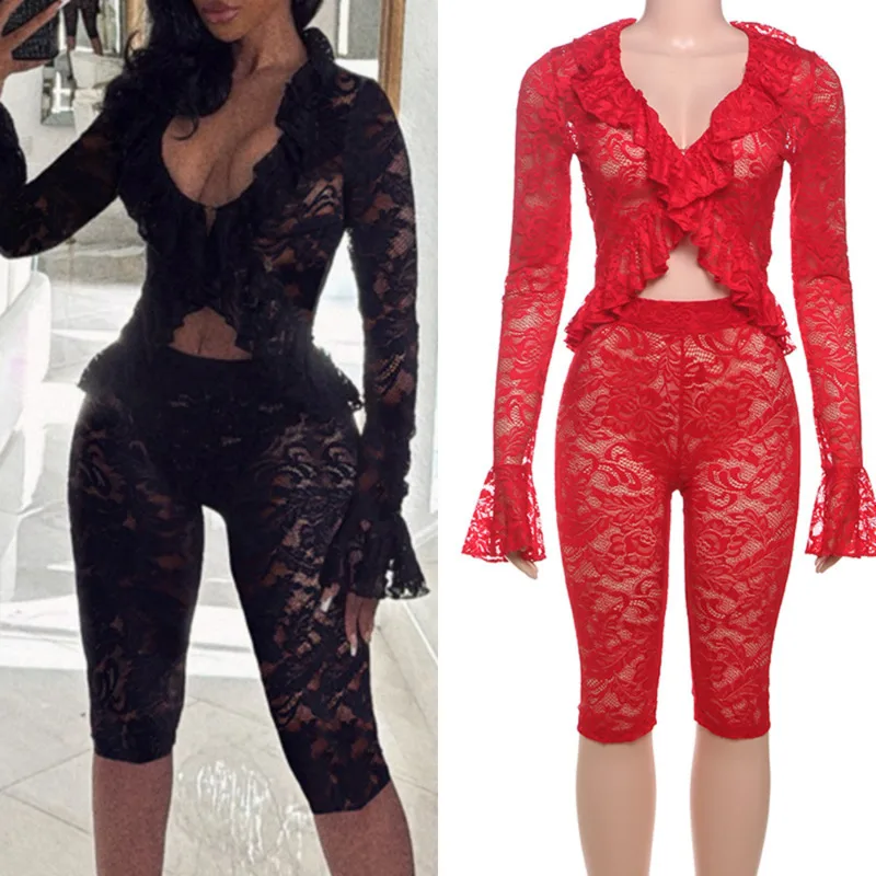 

Sexy Hollow Lace Top Pants Set Women 2025 Plant Flower Splicing Us Trendy Sexy Lace See Through Long Sleeved Top Shorts Set New