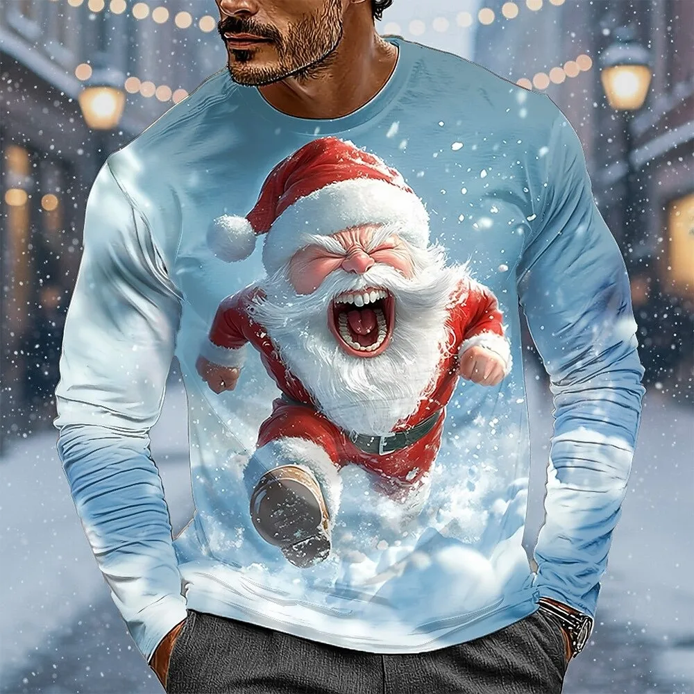 

Christmas men's running Santa Claus long sleeved T-shirt 3D print round neck shirt fashion street casual daily party man clothes