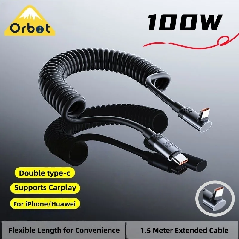 

Orbot 100W USB Type C Fast charging 6A Car Spring Cable For iPhone 15 Huawei Xiaomi Redmi Samsung