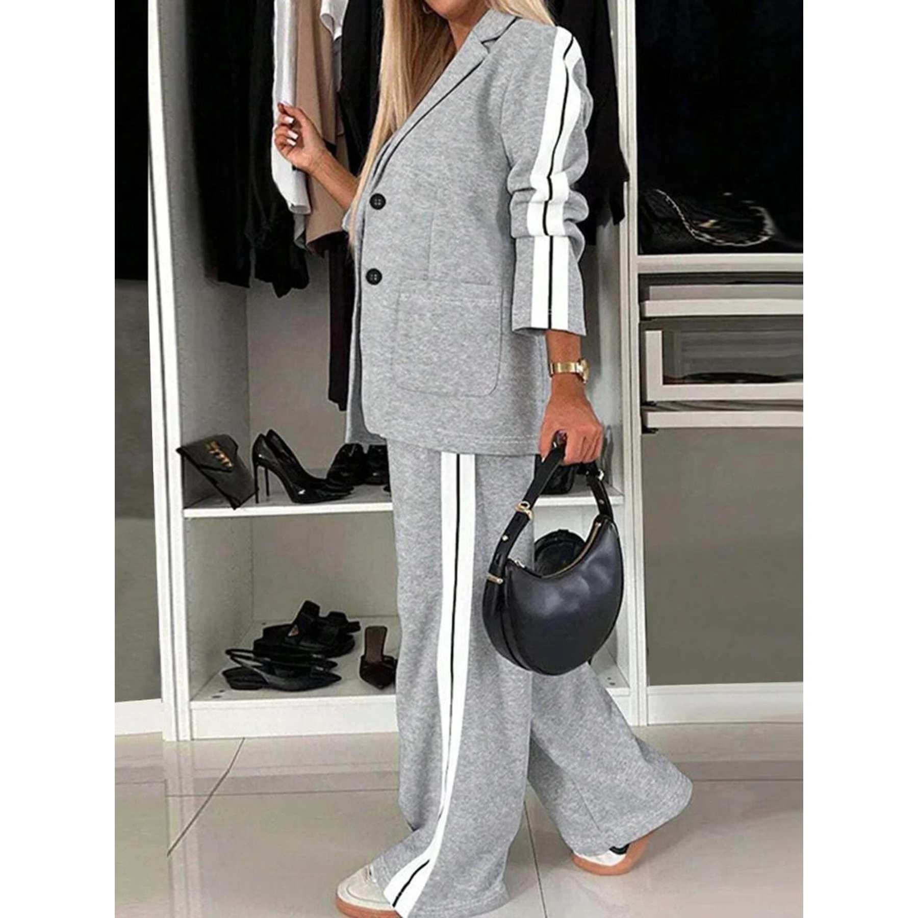 Casual Fashion Women's Pure Color Suit Set Loose Wide Leg Pants Stylish Top Bottoms Ensemble Autumn New Arrival