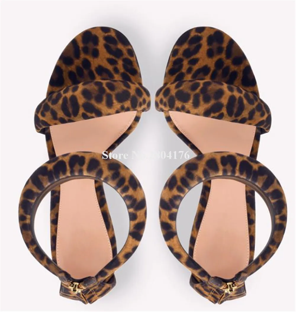 Newest Fashion Leopard Suede One Strap Stiletto Heel Sandals Sexy Open Toe Back Zipper-up Thin Heel Party Heels