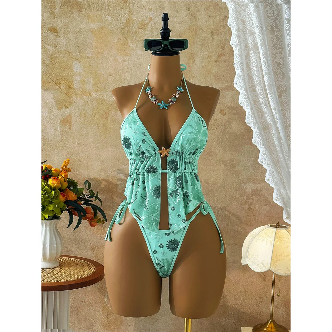 Glitzer-Pailletten-Bedruckter Tankini-Neckholder-Bikini Damen-Badeanzug Zweiteiliger Bikini-Set Badebekleidung Badeanzug Schwimmen V8067 – Detail 12