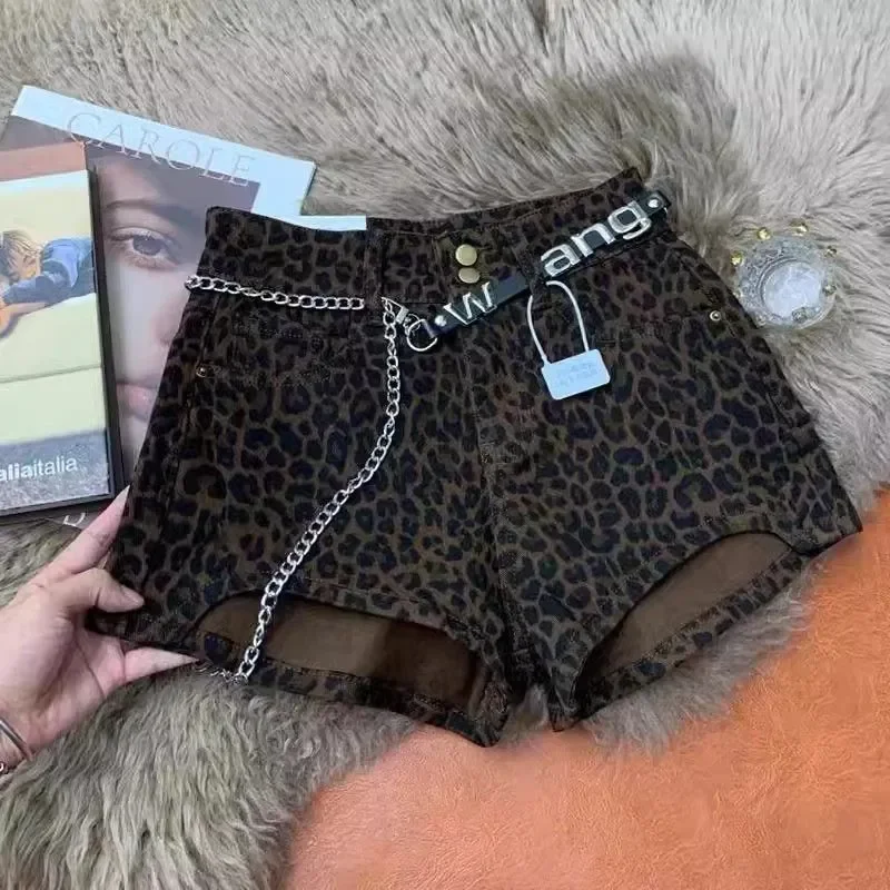 American Style Leopard Print High Waist Slim A Line Denim Shorts Women Wrap Hip Hot Pants For Summer Daily Streetwear