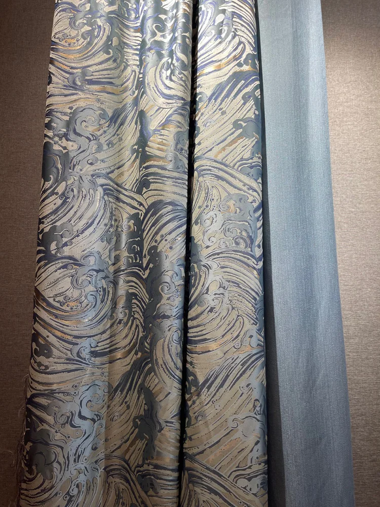 Custom curtain Nordic new chinese jacquard Golden thread blue cloud room thick cloth blackout curtain  livingroom drape M1476