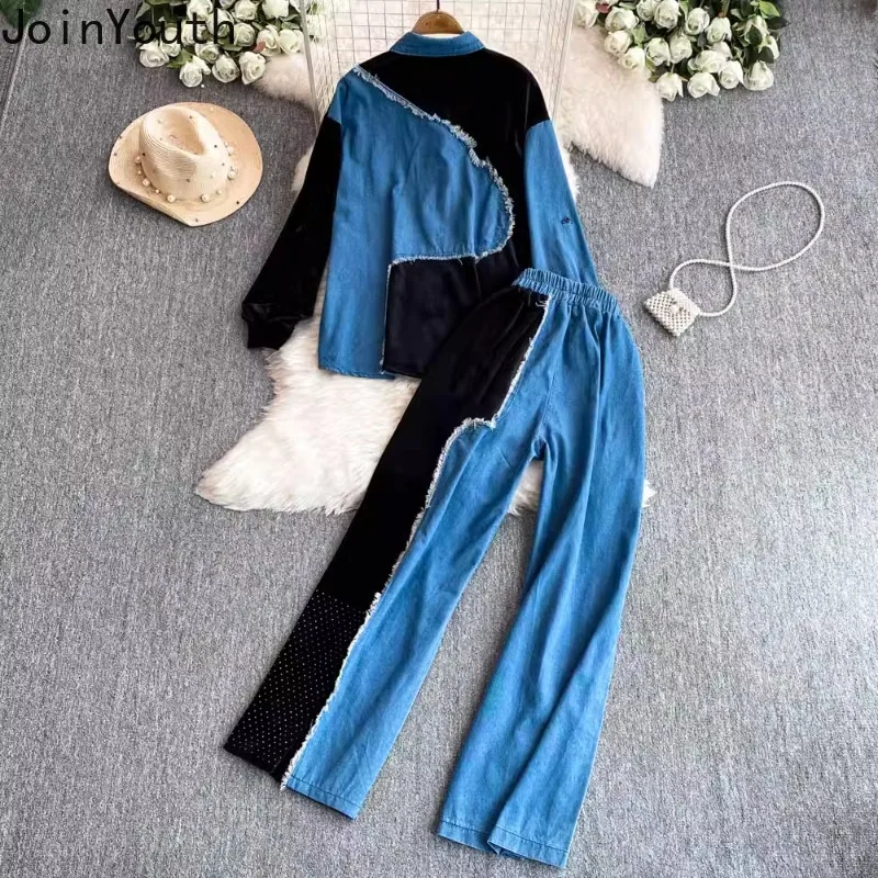 Chic Wome Two Piece Set Roupas Femme Y2k Clothes Patchwork Denim Long Sleeve Shirt High Waist Straight Wide Leg Pants Outfits