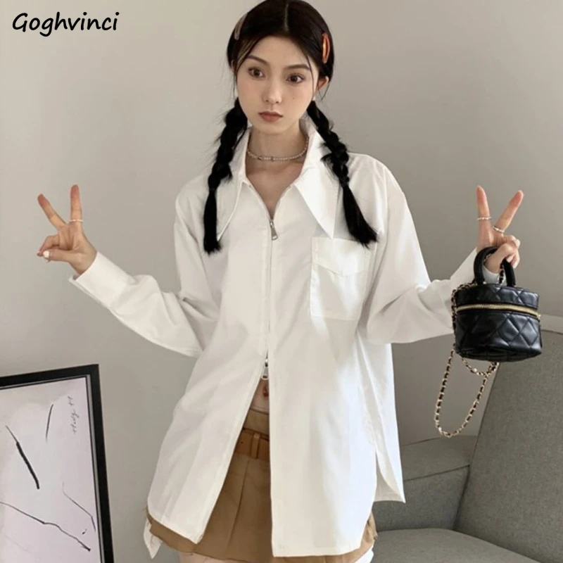 

Women French White Long Sleeve Shirts Double Zipper Boyfriend Loose Fashion Spring Autumn Design Tops BF Young Causal Streetwear