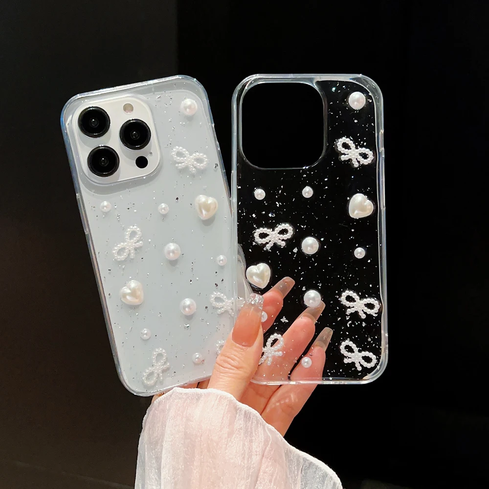 

Qianliyao 3D Cute Bow Pearl Sequins Phone Case For iPhone 16 15 14 13 12 11 Pro Max 14promax 14pro Soft Shockproof Back Cover