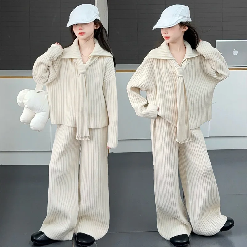 

Kawaii модный шарф для девочек, свитер и брюки, комплект студенческих осенне-зимних топов с героями мультфильмов, длинные штаны, комплект из 2 предметов, повседневная детская одежда