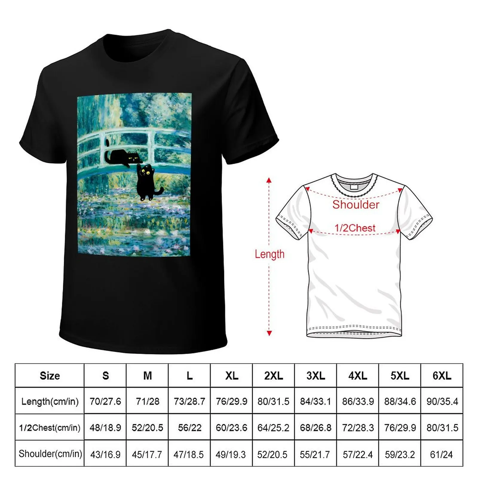 Bridge over a Pond of Waterlilies Cat T-Shirt Large Size Loose Casual Tee