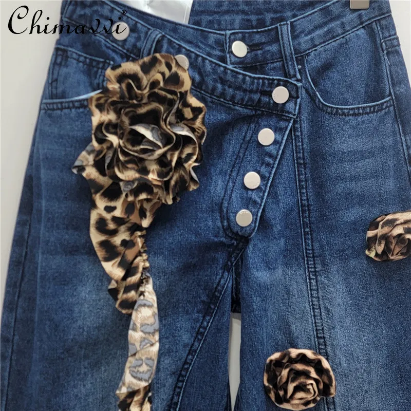 2024 Autumn New Fashion Design High Waist Diagonal Placket 3D Flower Decorative Jeans Women High Street Loose Wide-leg Pants