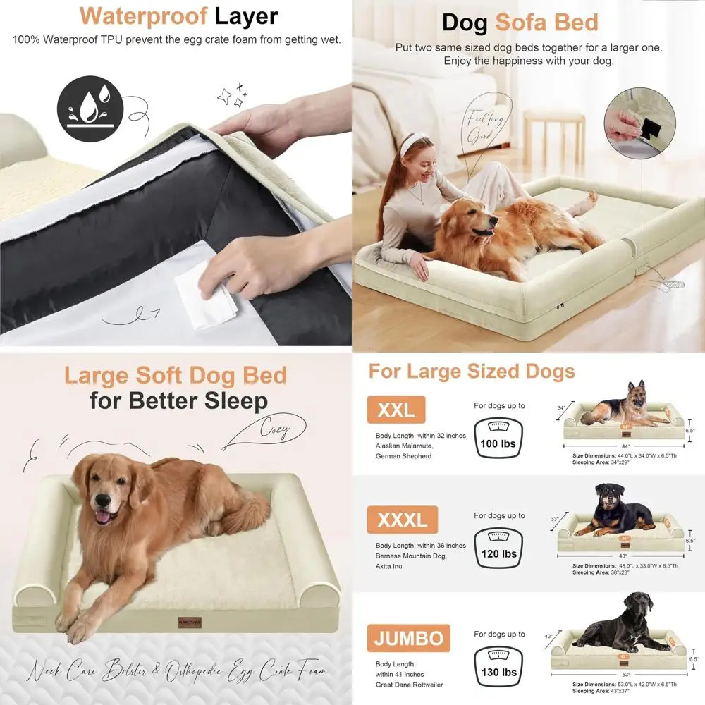 

Ортопедическая моющаяся лежанка для собак XXL с съемным чехлом, водонепроницаемая и комфортная для крупных собак - бежевая