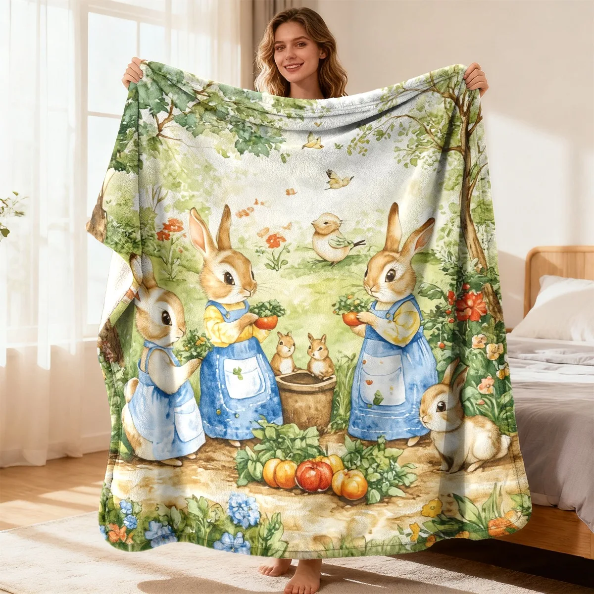 Custom Peter Rabbit Garden Fleece Blanket Personalized Name Text Bunny Vegetable Print Throw Soft Warm All Season Bedding Gift