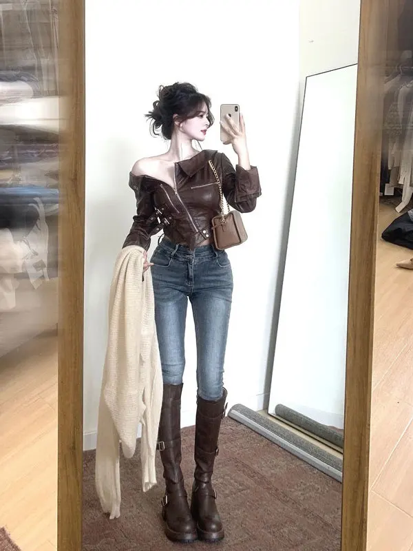 

American Retro Asymmetric Shoulder Leather Jacket Sexy Style Long Sleeve Zipper Closure Pure Cotton Regular Fit Outerwear