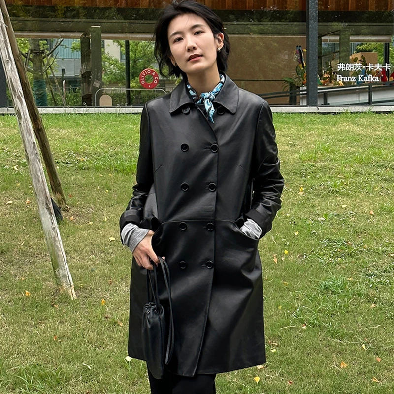 Kurtki damskie ze skóry naturalnej, średniej długości, dwurzędowe, w stylu brytyjskim, wysokiej jakości, garbowane roślinnie, z owczej skóry, wiatrówka.